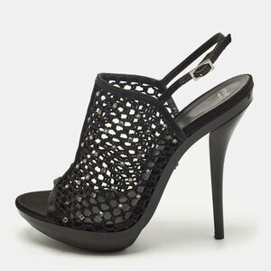 Versace Size 40 Black Mesh And Satin Rhinestone Embellished Open Toe Ankle